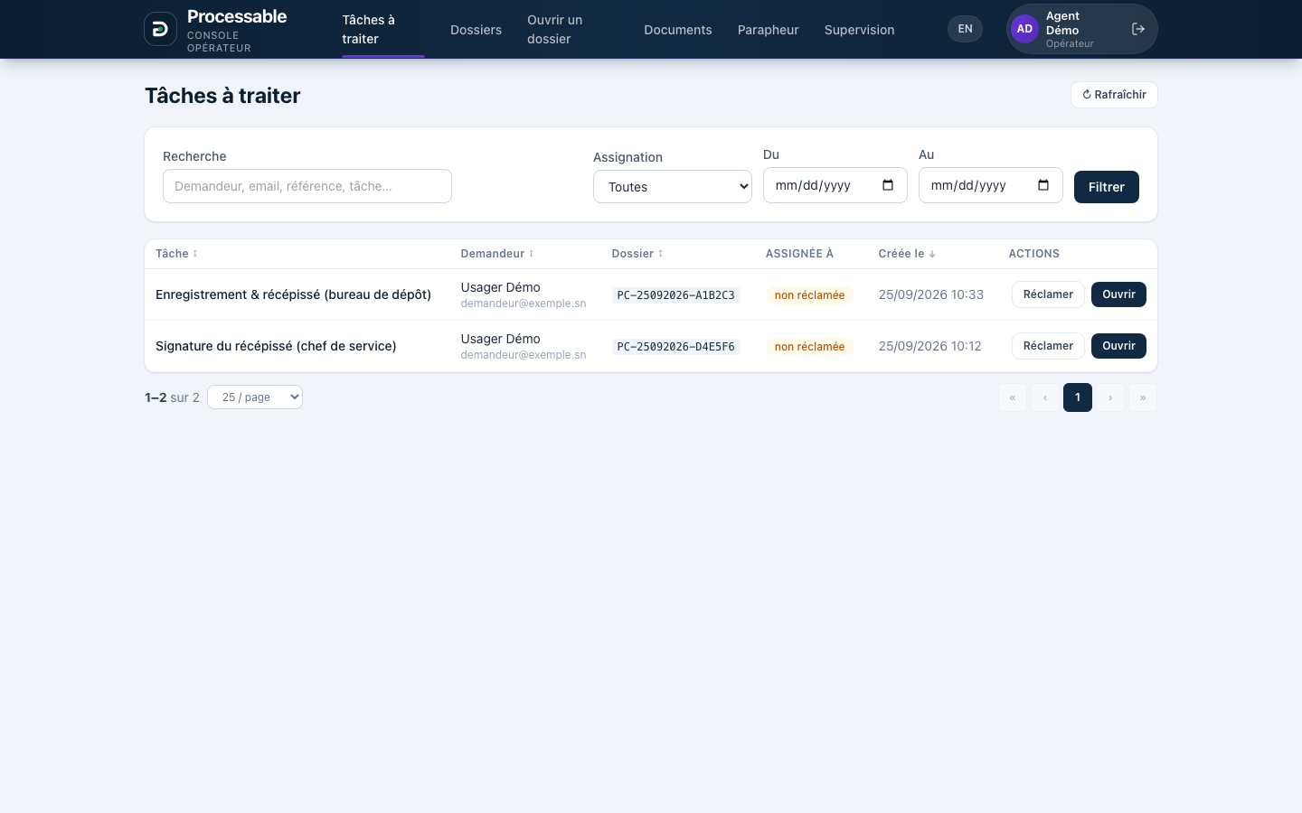 Console Processable présentant la liste des tâches à traiter