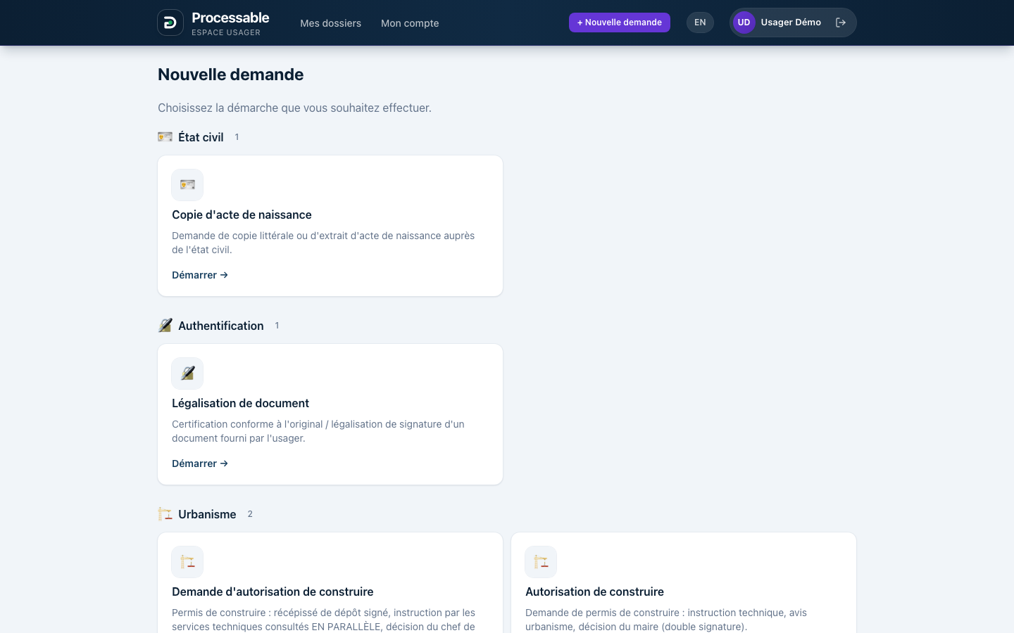 Portail usager Processable présentant le catalogue des démarches