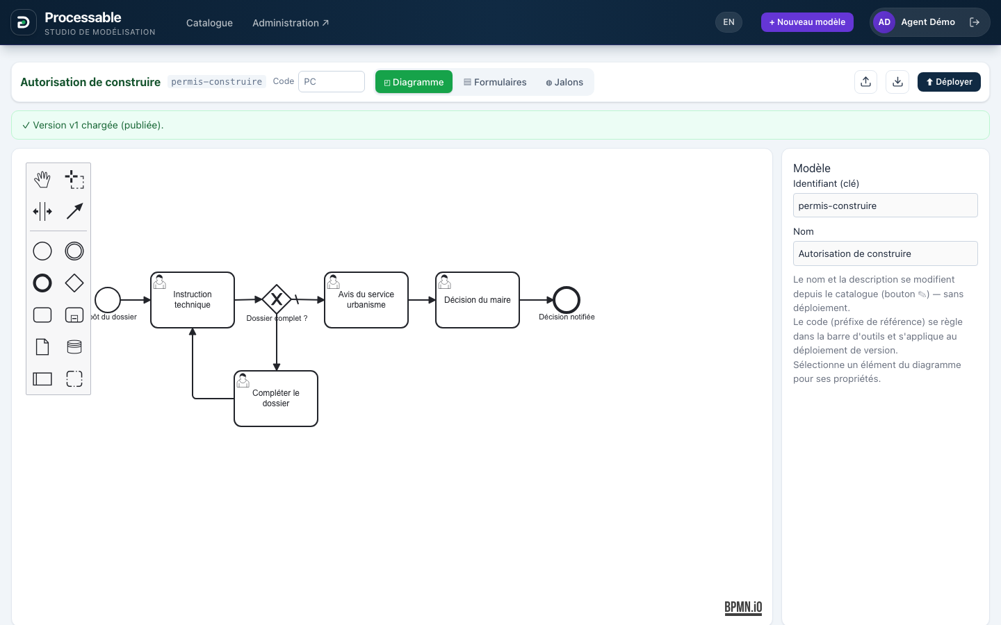 Diagramme BPMN complet dans le Studio Processable